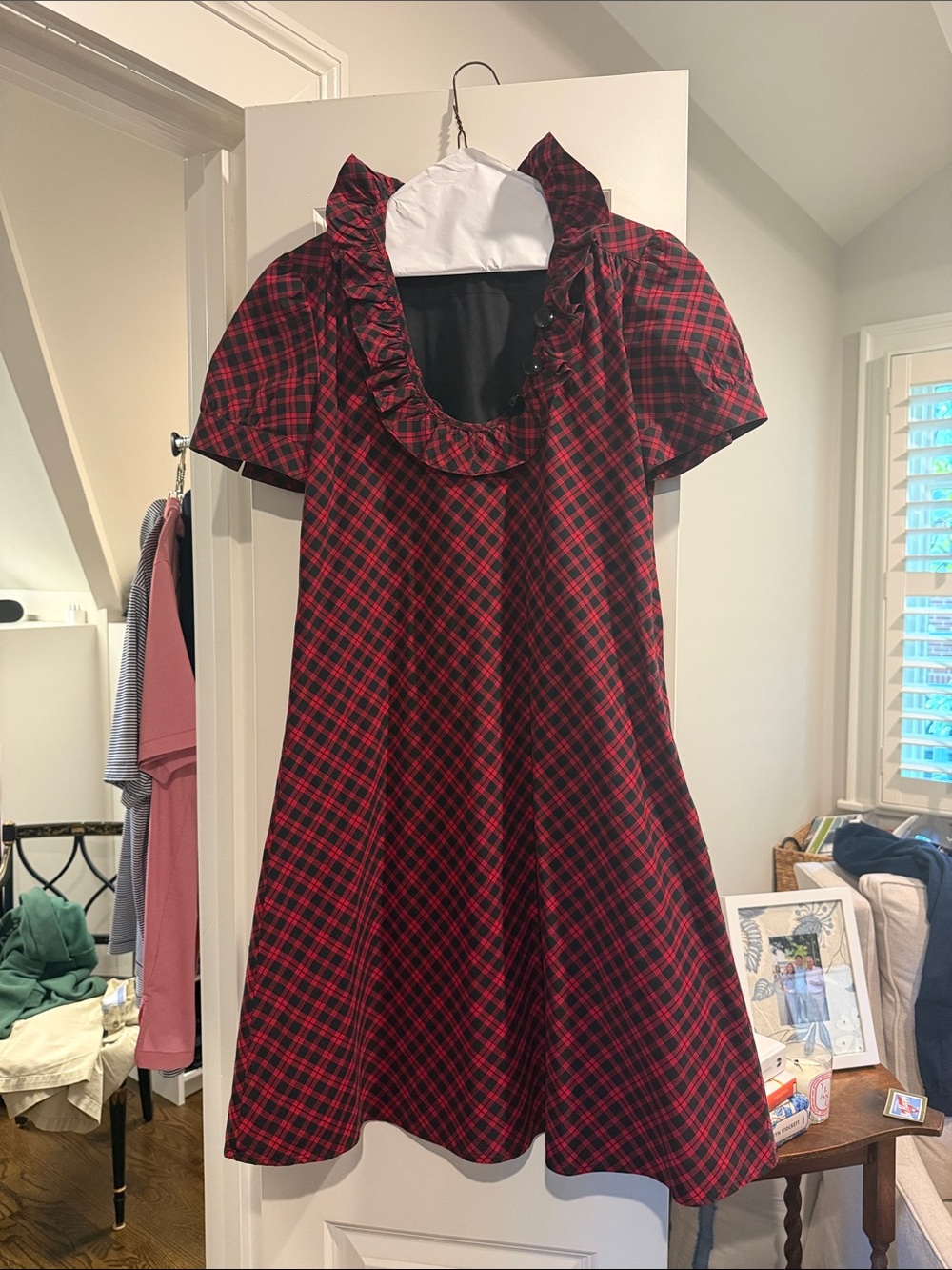 J. Crew Red and Black Plaid Ruffle Collar Dress